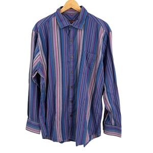 Tommy Bahama Button Down Mens Large Blue Striped Cotton Silk Long Sleeve
